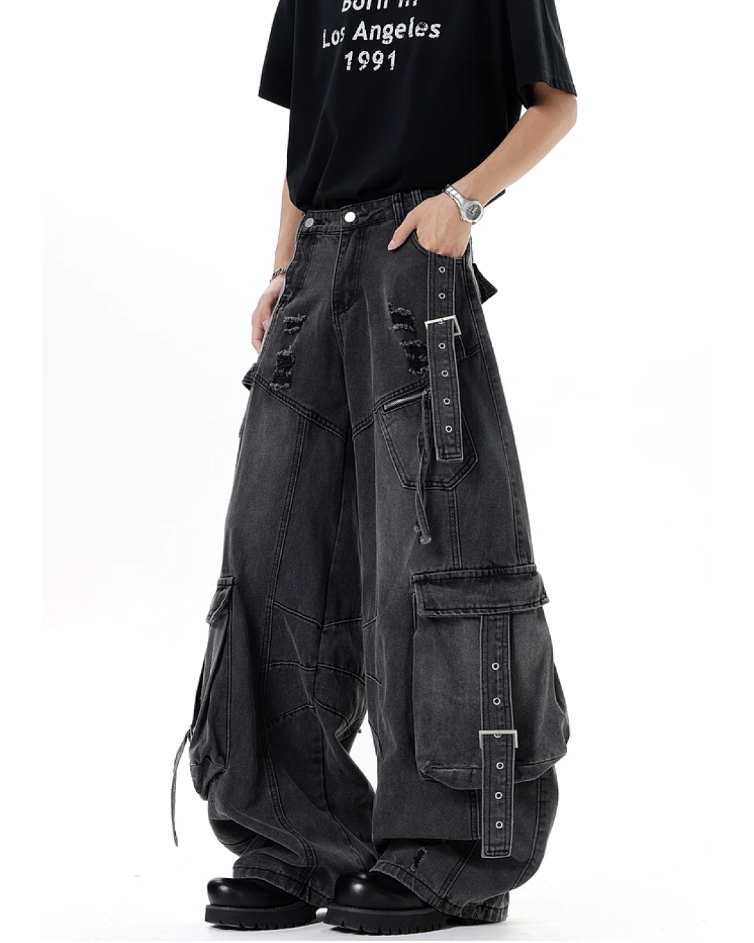 ワイドダメージポケットベルトデニムパンツ B0088