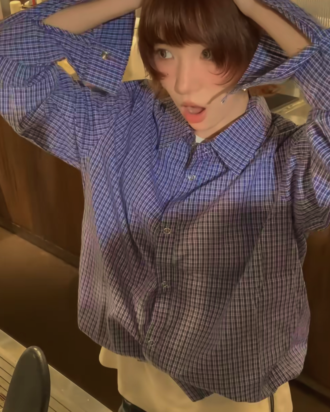 ロングスリーブドローコードブルーチェックシャツ B0038