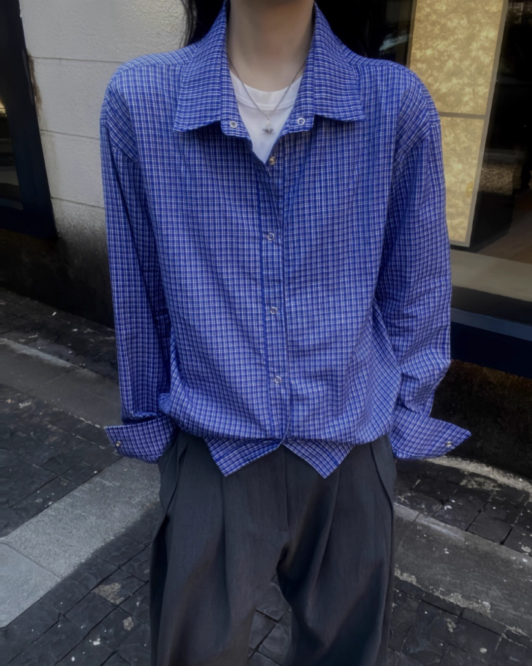 ロングスリーブドローコードブルーチェックシャツ B0038