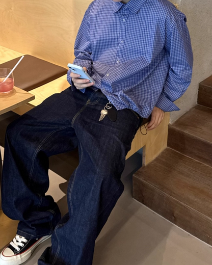 ロングスリーブドローコードブルーチェックシャツ B0038