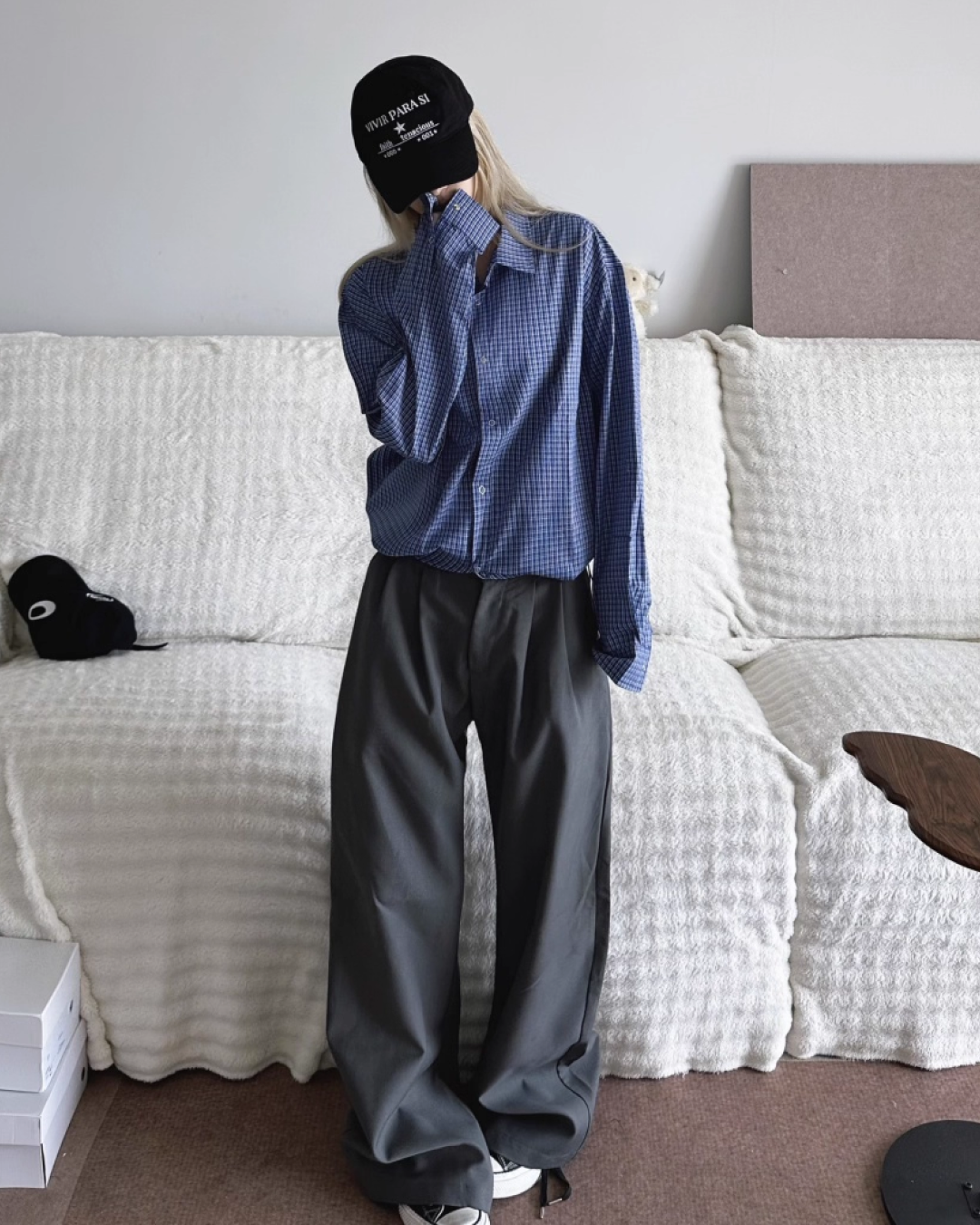 ロングスリーブドローコードブルーチェックシャツ B0038