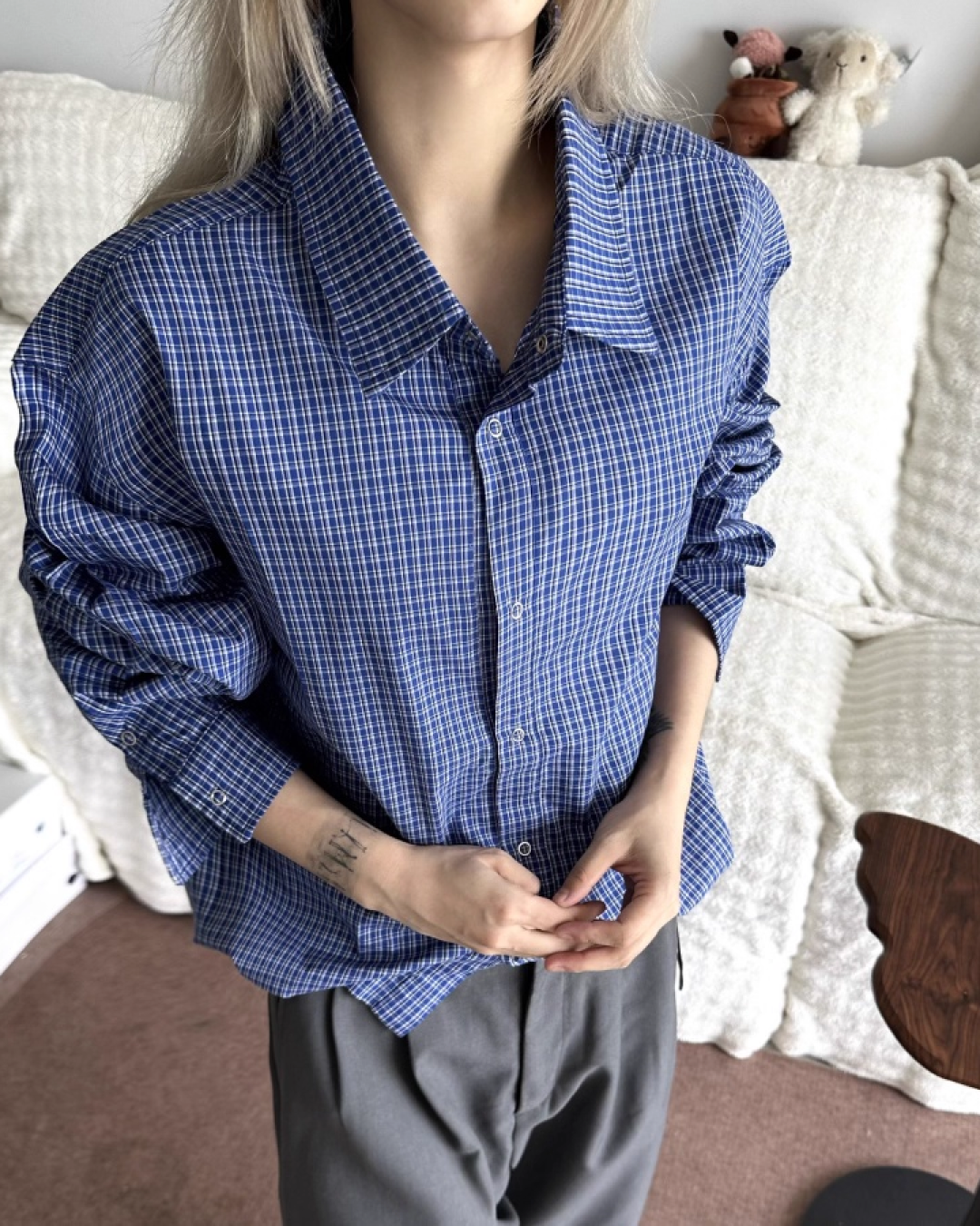 ロングスリーブドローコードブルーチェックシャツ B0038