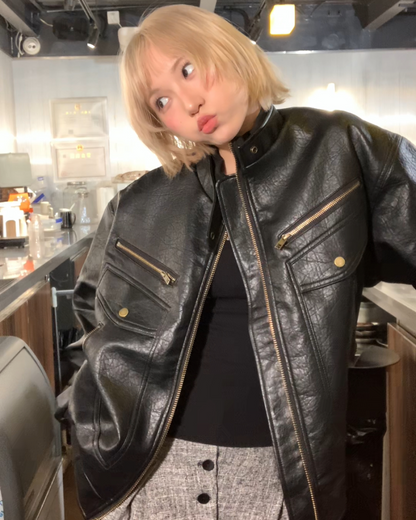 Multi-pocket PU leather jacket B0071