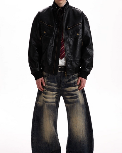 Multi-pocket PU leather jacket B0071