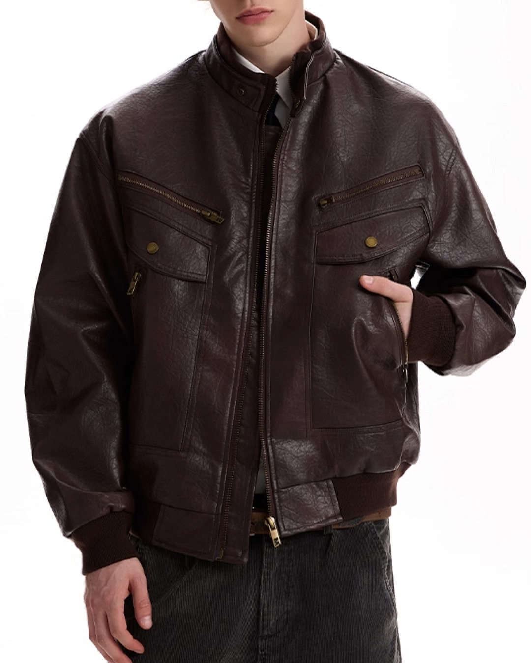 Multi-pocket PU leather jacket B0071