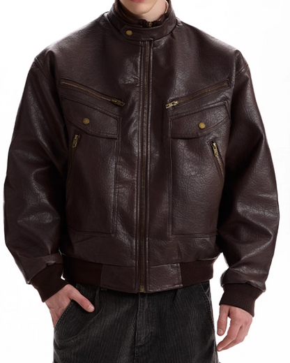 Multi-pocket PU leather jacket B0071