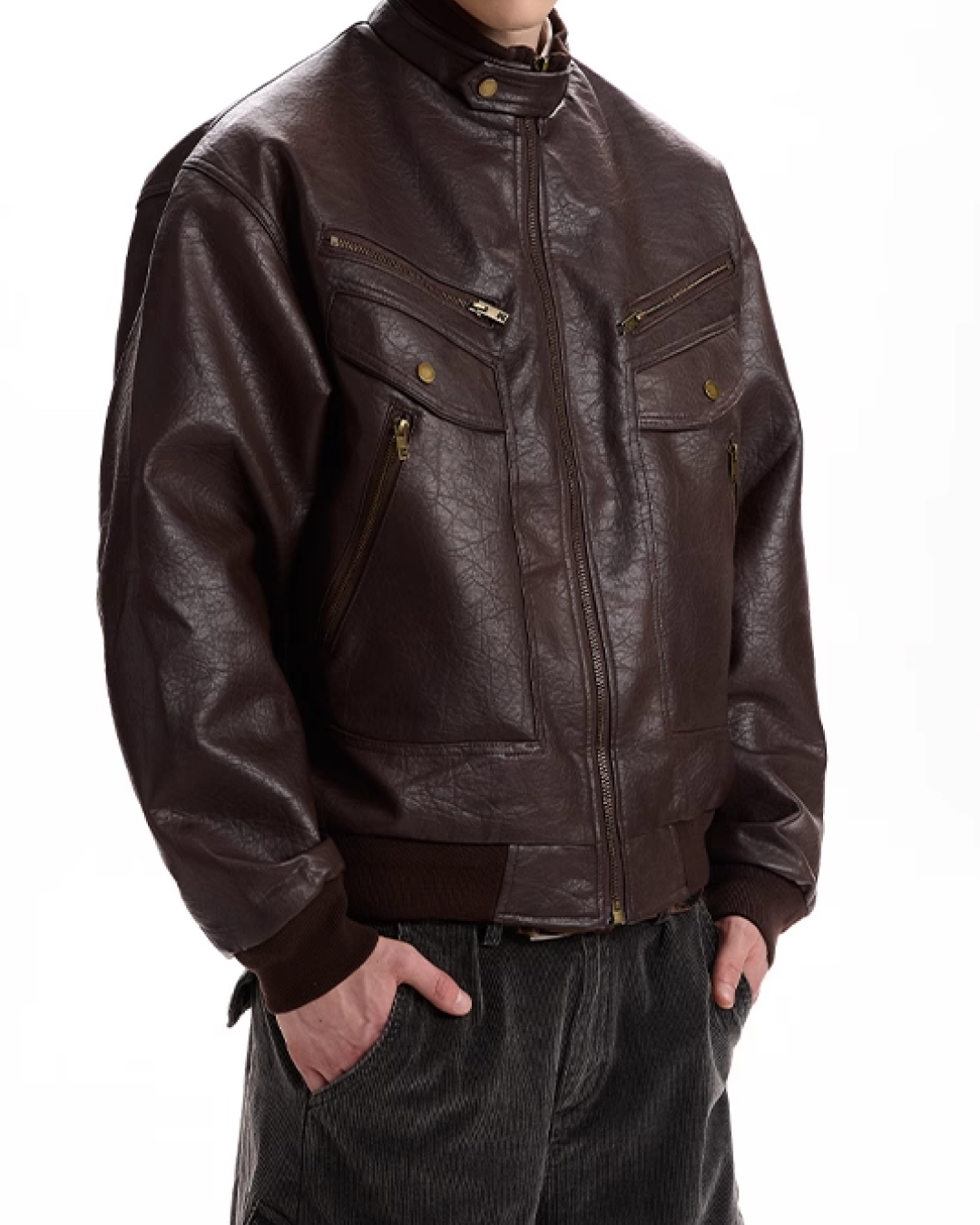 Multi-pocket PU leather jacket B0071