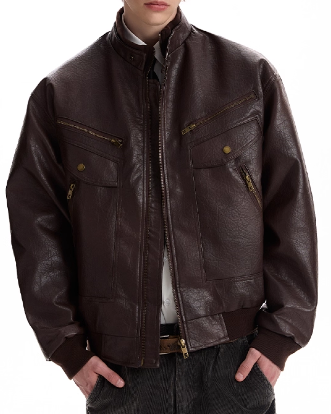 Multi-pocket PU leather jacket B0071