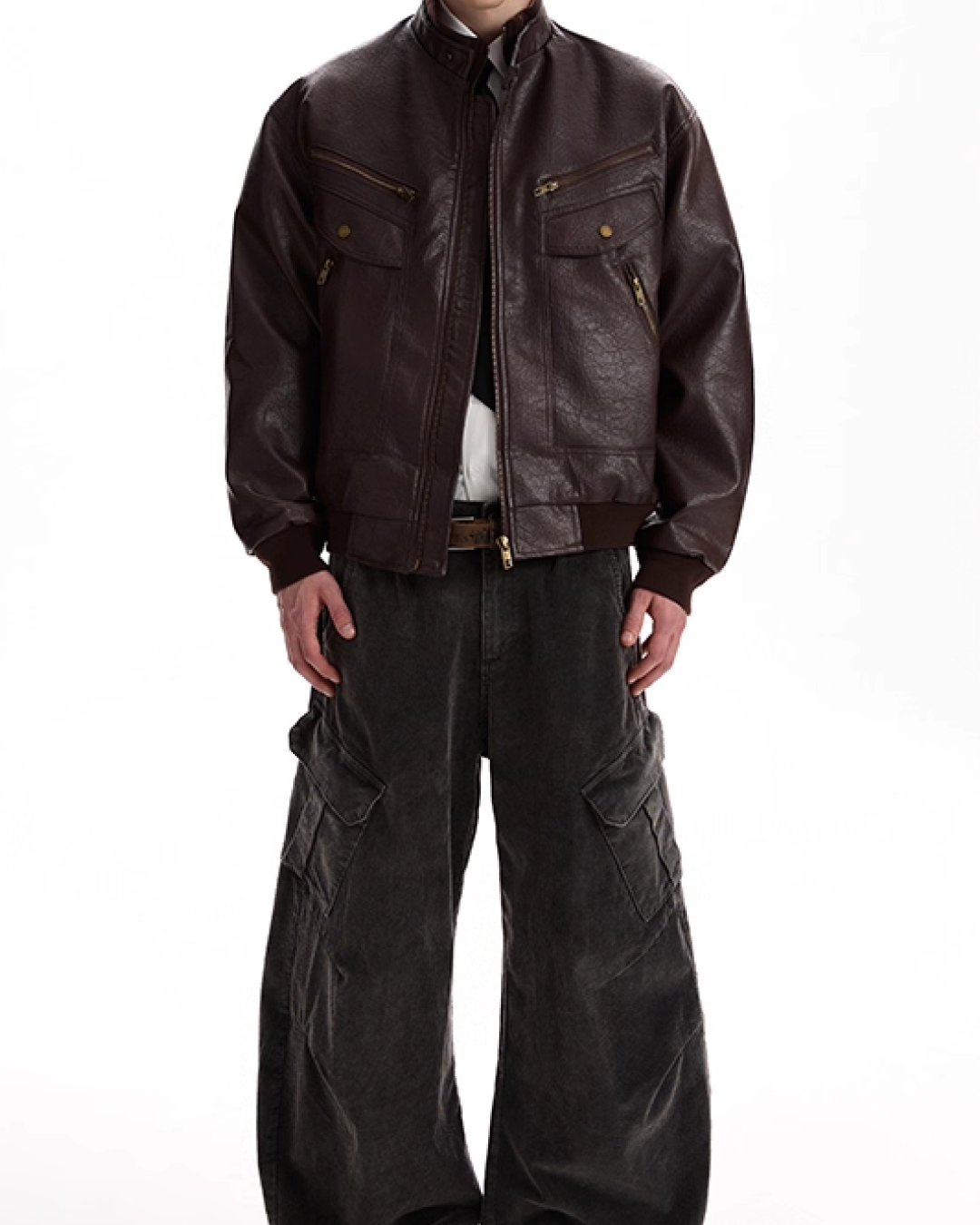 Multi-pocket PU leather jacket B0071