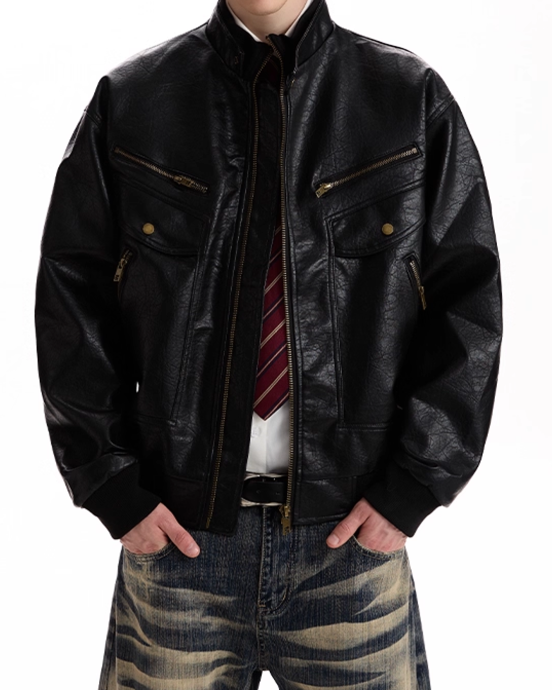 Multi-pocket PU leather jacket B0071