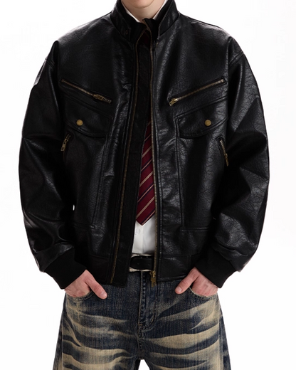 Multi-pocket PU leather jacket B0071