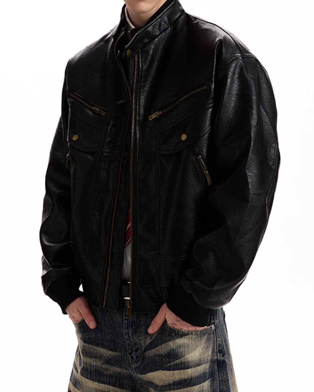 Multi-pocket PU leather jacket B0071