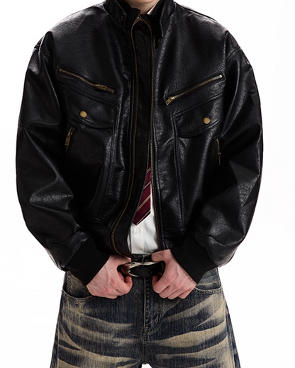 Multi-pocket PU leather jacket B0071