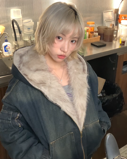 キルティングデニムファージャケット B0081