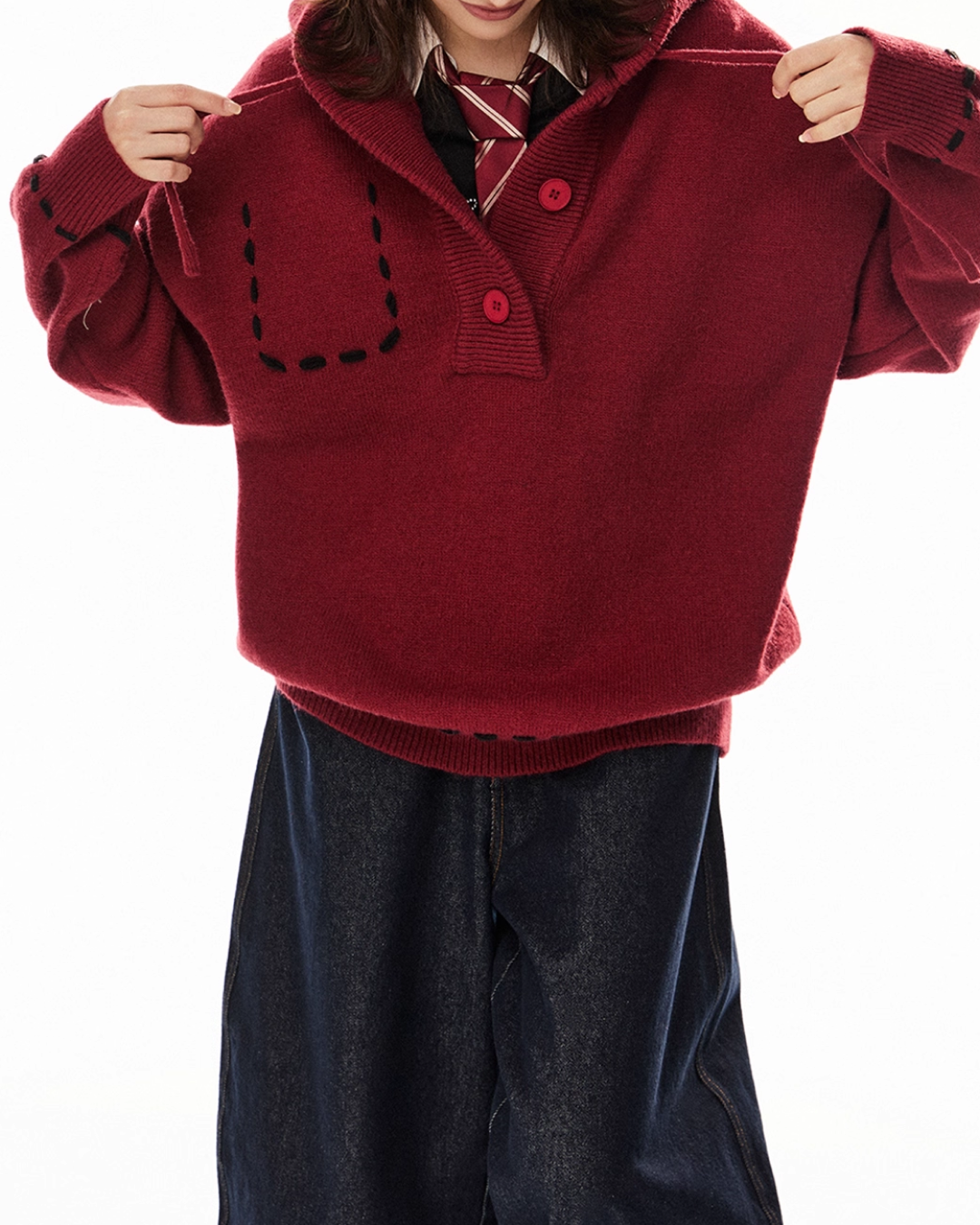 ステッチボタンニットフーディー B0085