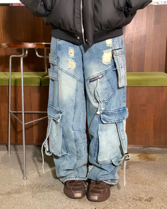 ワイドダメージポケットベルトデニムパンツ B0088