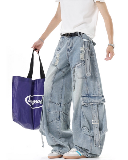 ワイドダメージポケットベルトデニムパンツ B0088