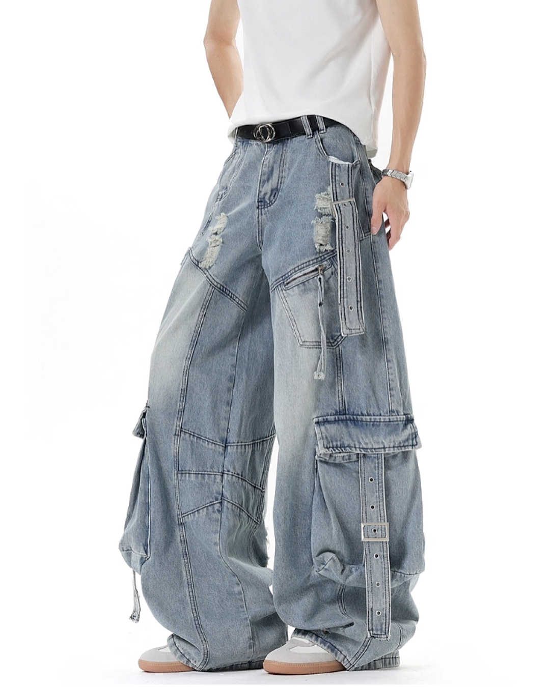 ワイドダメージポケットベルトデニムパンツ B0088