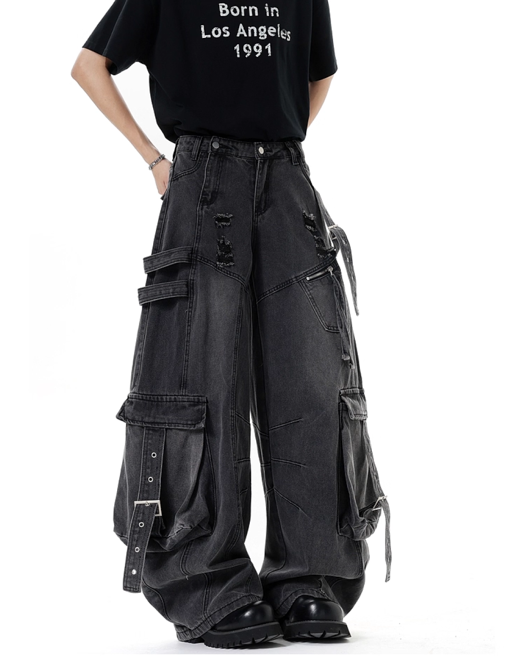 ワイドダメージポケットベルトデニムパンツ B0088