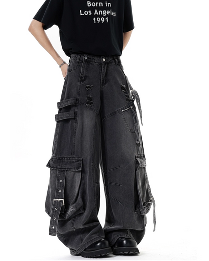 ワイドダメージポケットベルトデニムパンツ B0088