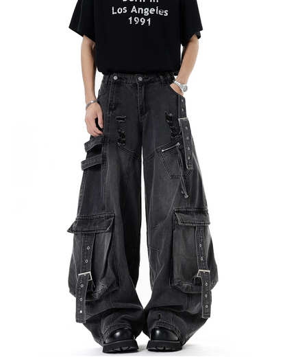 ワイドダメージポケットベルトデニムパンツ B0088