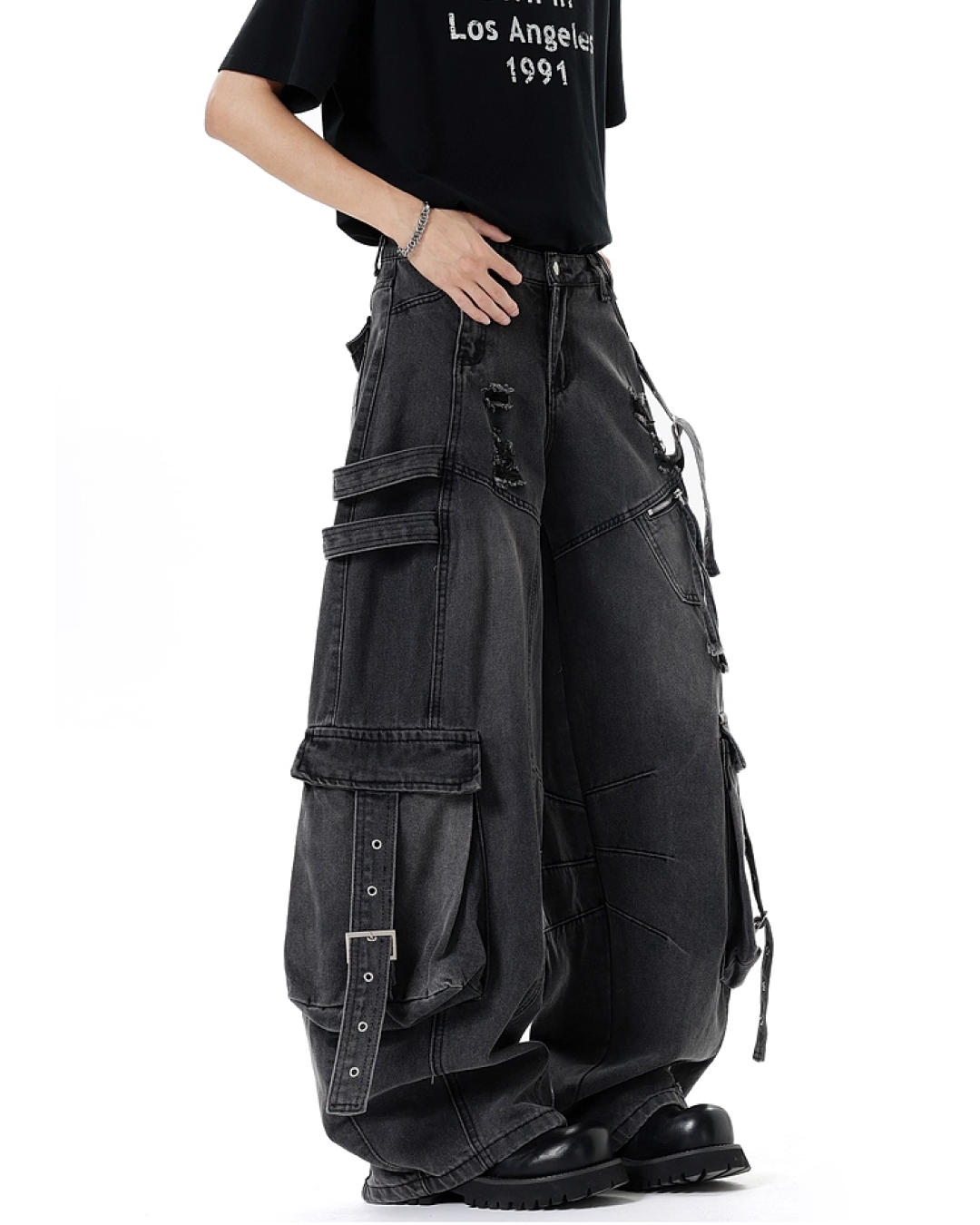 ワイドダメージポケットベルトデニムパンツ B0088