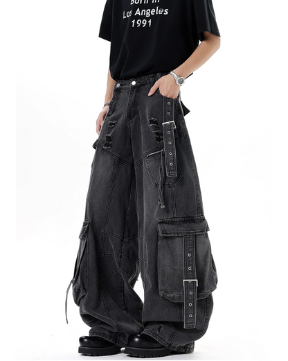 ワイドダメージポケットベルトデニムパンツ B0088