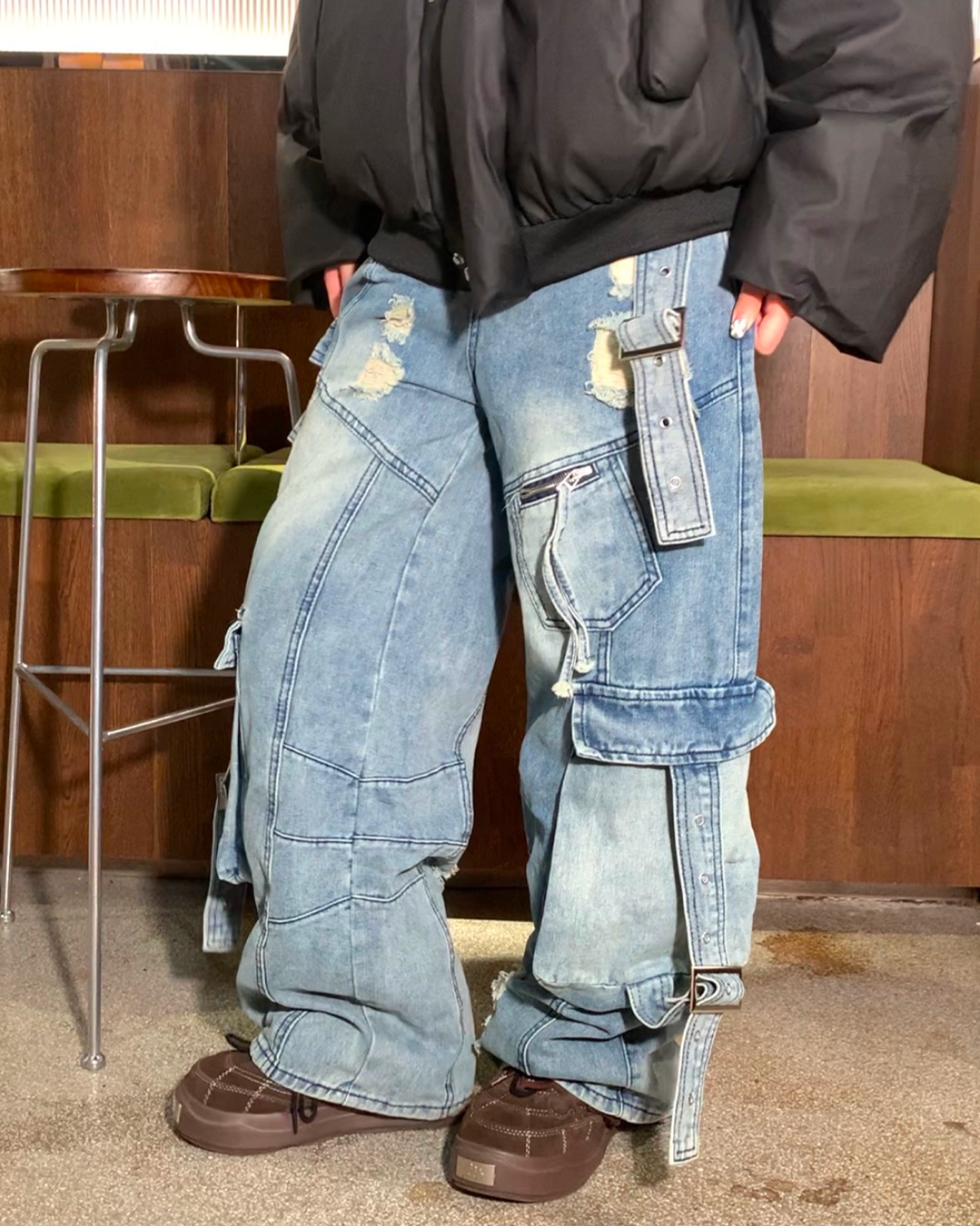 ワイドダメージポケットベルトデニムパンツ B0088
