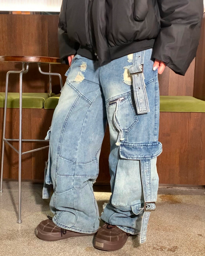 ワイドダメージポケットベルトデニムパンツ B0088