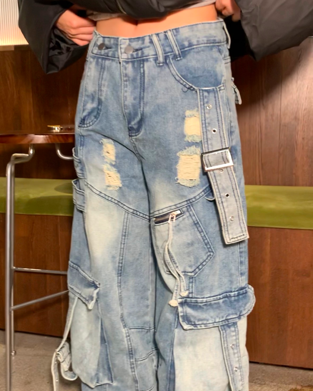 ワイドダメージポケットベルトデニムパンツ B0088