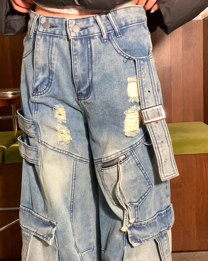 ワイドダメージポケットベルトデニムパンツ B0088