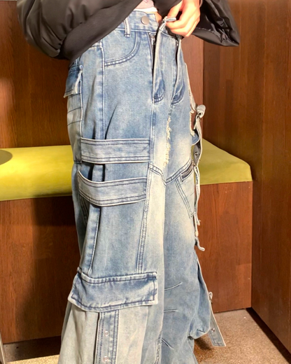 ワイドダメージポケットベルトデニムパンツ B0088