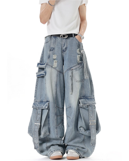 ワイドダメージポケットベルトデニムパンツ B0088