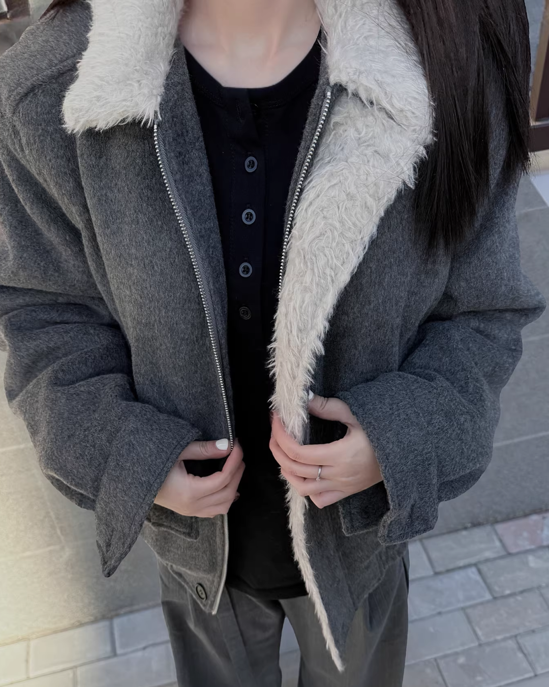 短丈ジップボタンファージャケット B0093