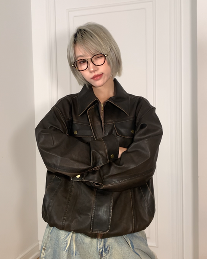 短丈ヴィンテージブラウンPUレザージャケット B0095