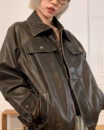 短丈ヴィンテージブラウンPUレザージャケット B0095
