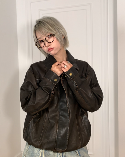 短丈ヴィンテージブラウンPUレザージャケット B0095