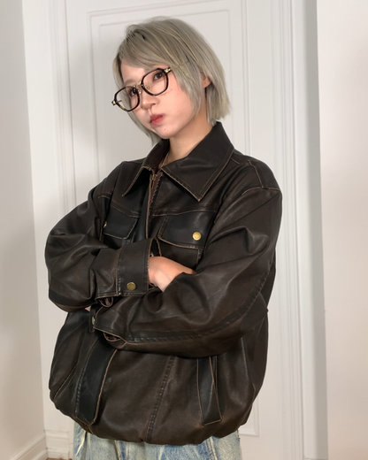 短丈ヴィンテージブラウンPUレザージャケット B0095