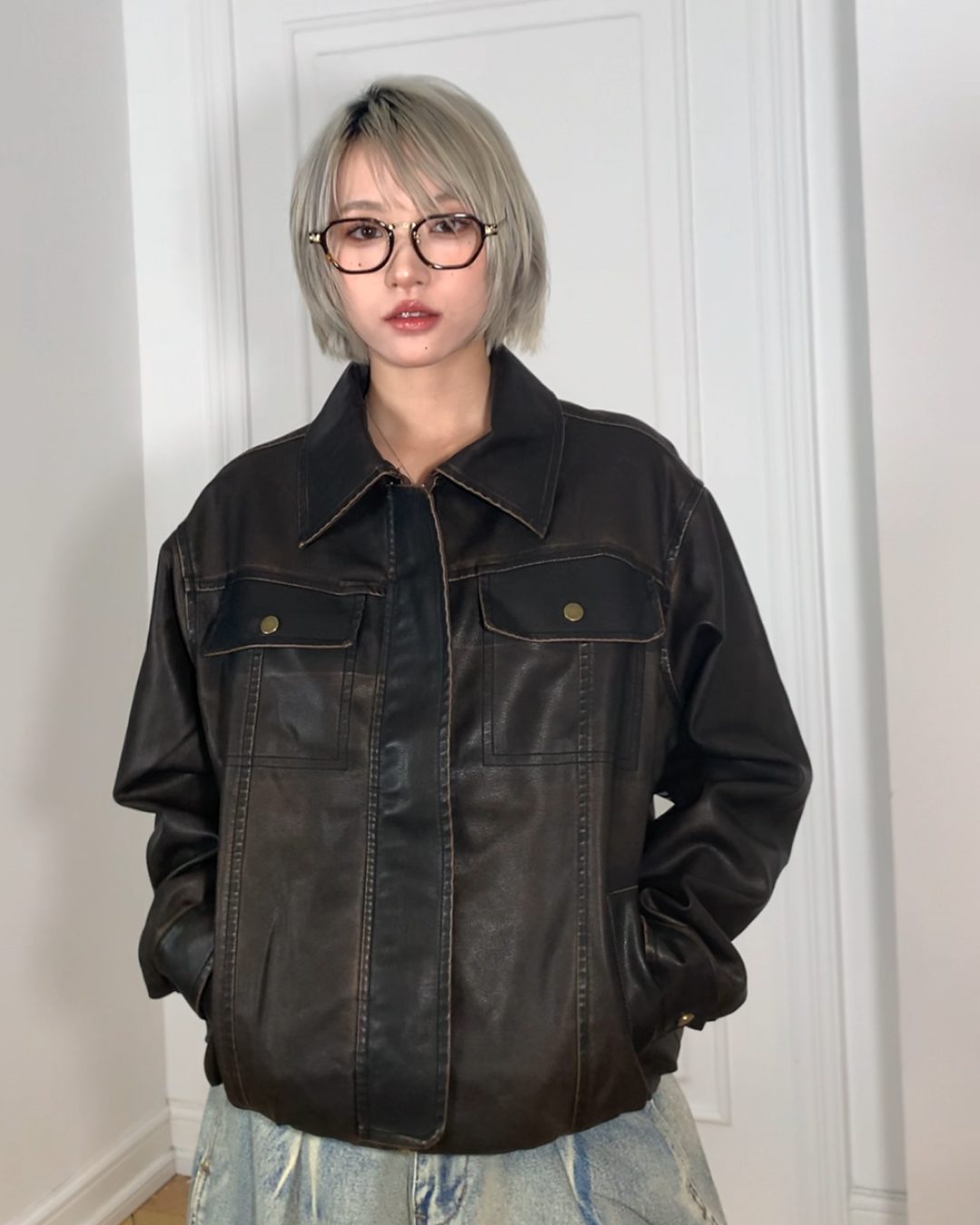 短丈ヴィンテージブラウンPUレザージャケット B0095