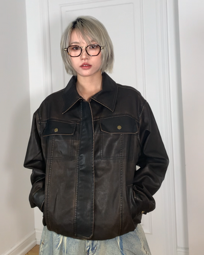 短丈ヴィンテージブラウンPUレザージャケット B0095