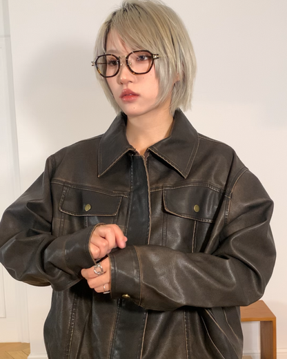 短丈ヴィンテージブラウンPUレザージャケット B0095