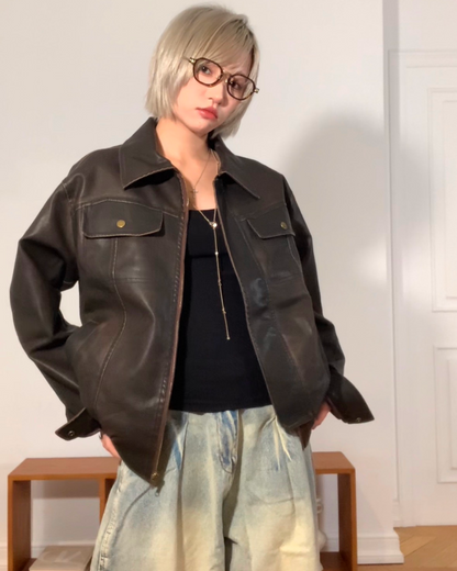 短丈ヴィンテージブラウンPUレザージャケット B0095