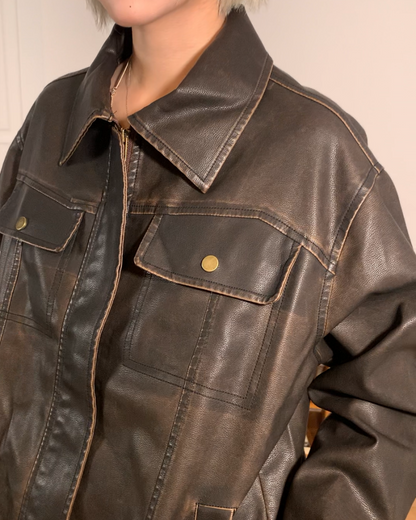 短丈ヴィンテージブラウンPUレザージャケット B0095