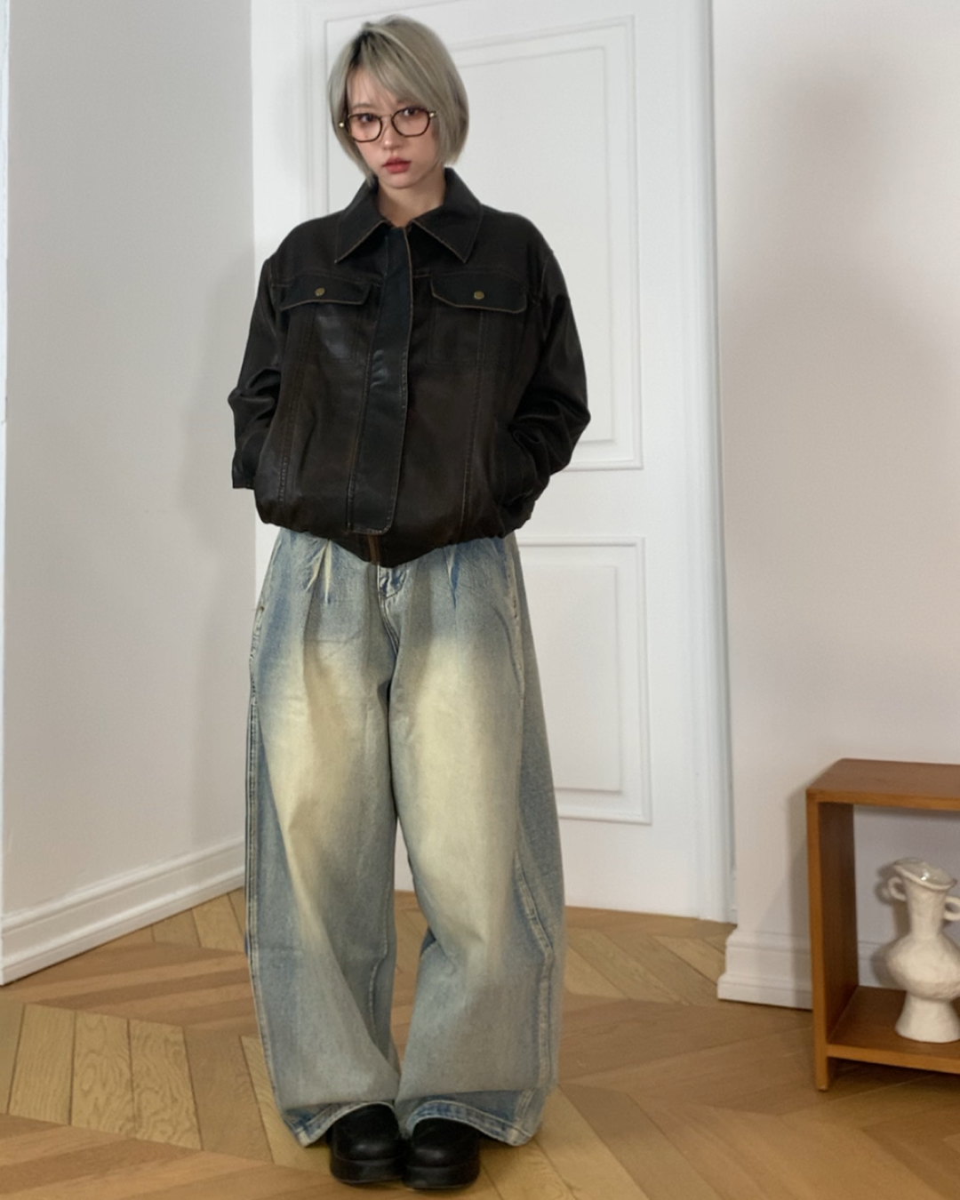 タックワイドウォッシュデニムパンツ B0097