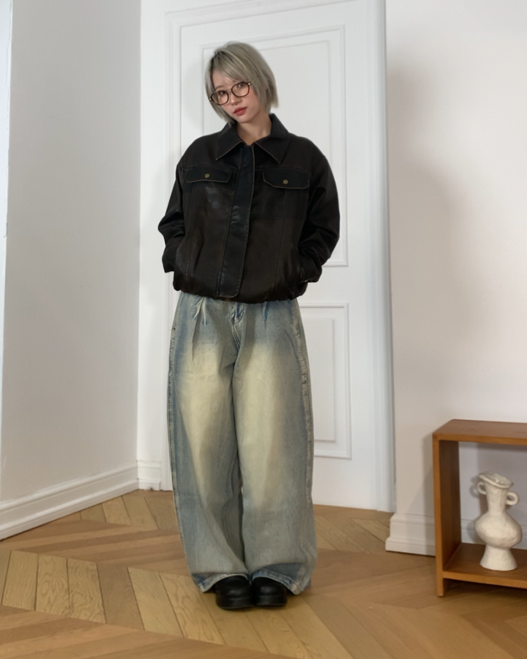 タックワイドウォッシュデニムパンツ B0097