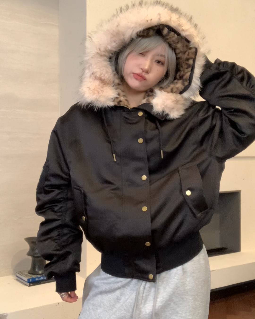 レオパードボアフードファージャケット B0098