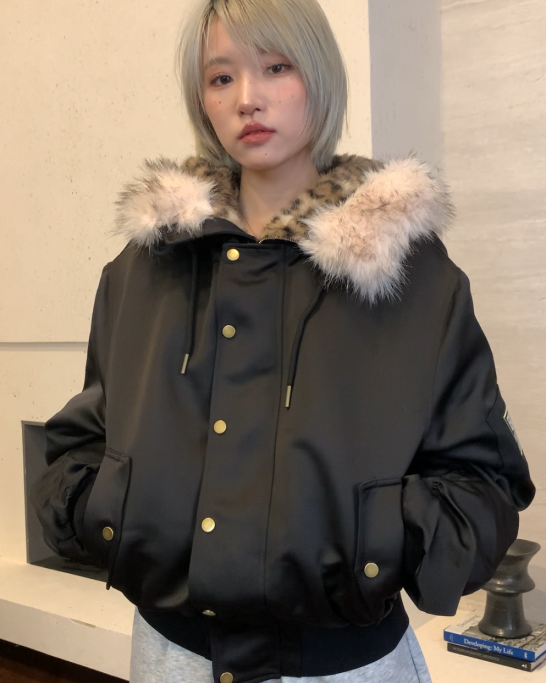 レオパードボアフードファージャケット B0098