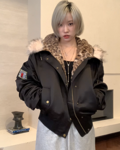 レオパードボアフードファージャケット B0098