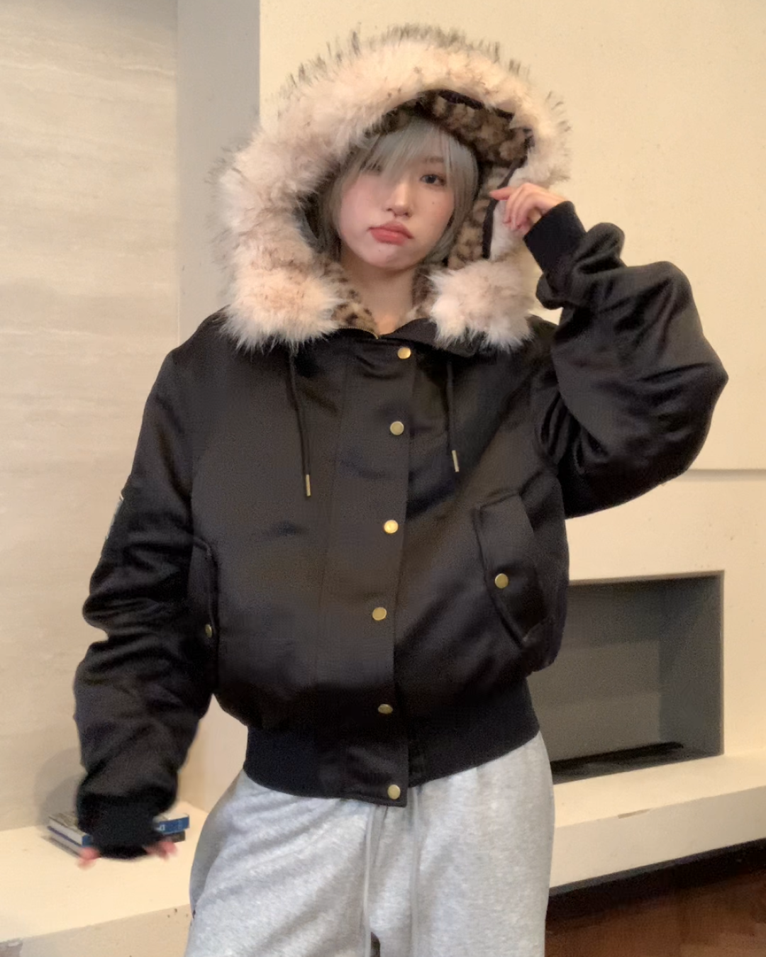 レオパードボアフードファージャケット B0098