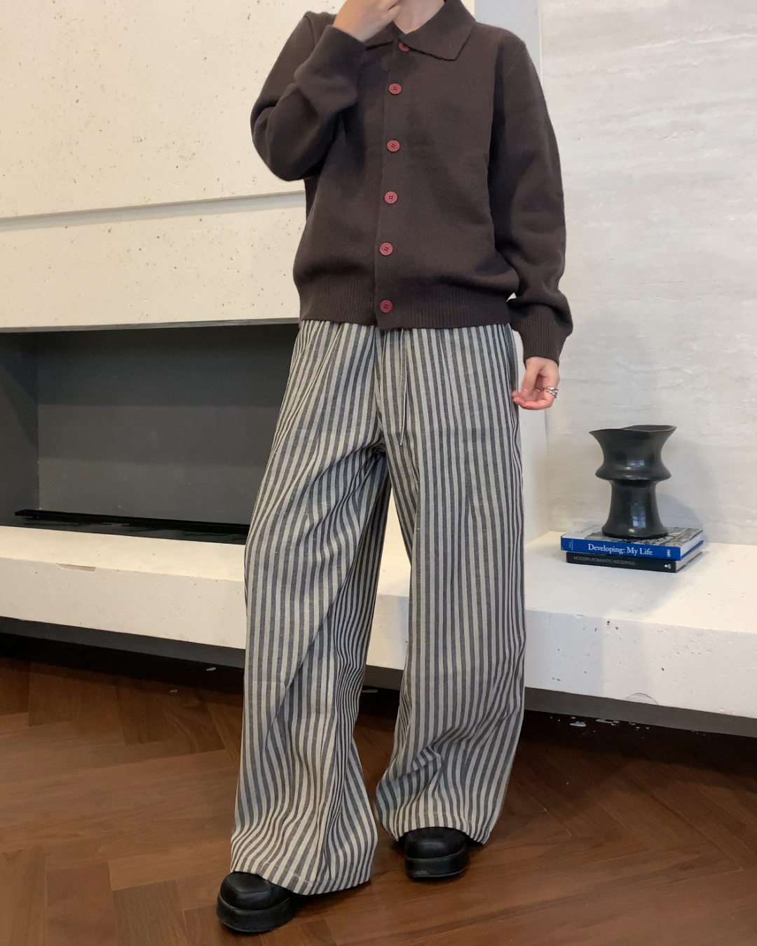 ストライプワイドコットンパンツ B0100